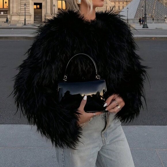 Black Casual Women's Crew Neck Coat - Picture 1 of 4